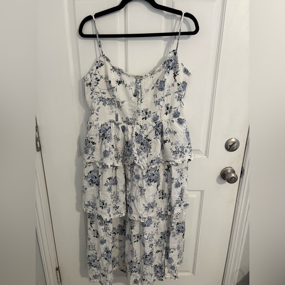 House of Harlow Blue floral print White Ruffle Layered Strap Dress M linen blend - Picture 3 of 10